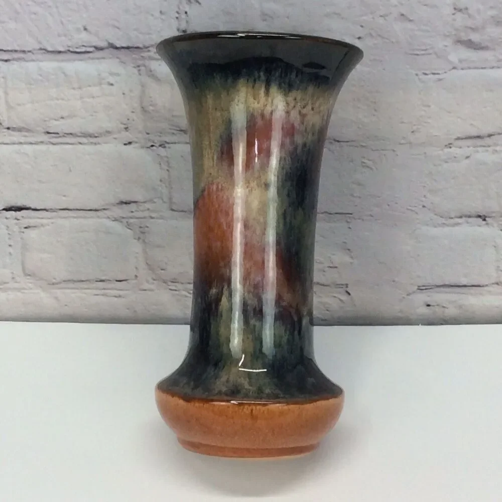 Pottery Vase Drip Glaze Trumpet Studio Art Multicolored Stamped Not Signed